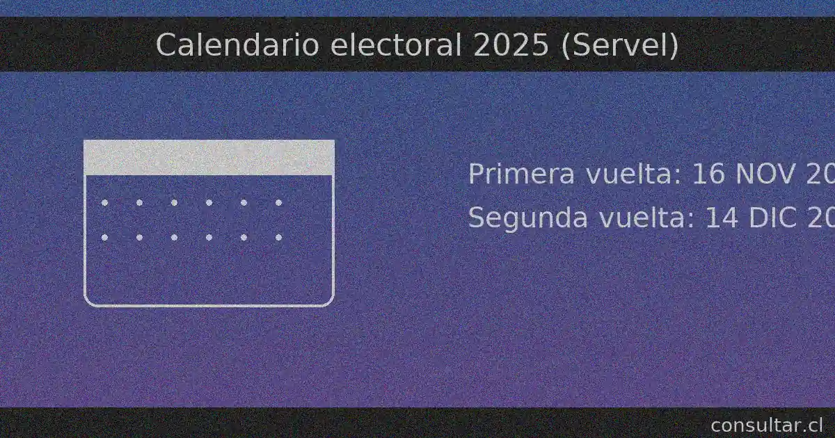 Calendario electoral 2025: primera vuelta 16 de noviembre y, de ser necesaria, segunda vuelta 14 de diciembre (Servel).