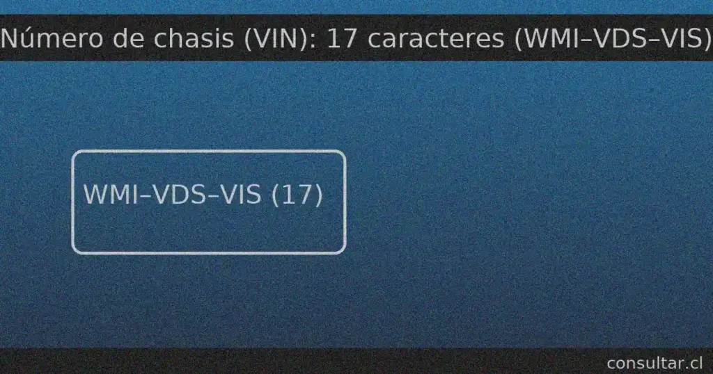 Número de chasis (VIN) de 17 caracteres, estructurado como WMI–VDS–VIS según la norma ISO 3779 y las exigencias de 49 CFR Part 565 (EE. UU.).